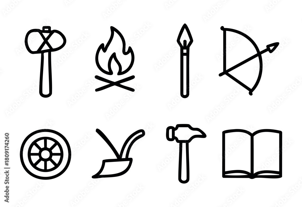 Fototapeta premium This scene displays various tools and symbols related to outdoor skills and craftsmanship, including an axe, campfire, bow and arrow, and more, all in a minimalist line art design.