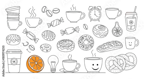 A collection of line art illustrations of coffee, donuts, pastries, and other treats on a white background.