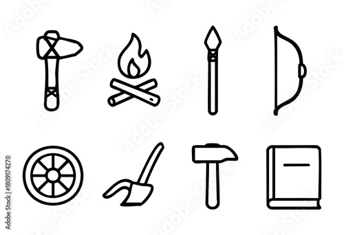 Various tools and symbols are displayed, including an axe, campfire, spear, bow, wheel, hoe, hammer, and a book, highlighting essential skills for outdoor activities and survival.