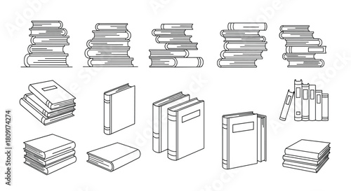 A collection of line drawings illustrating stacks and individual books in various arrangements.