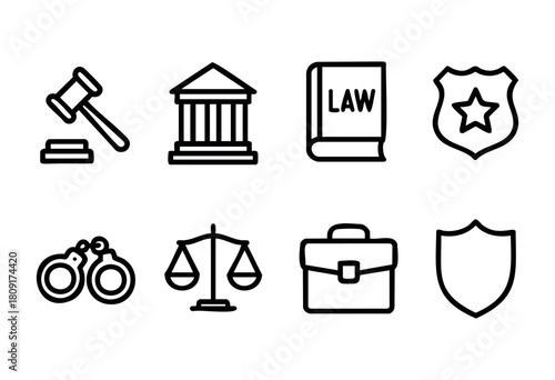 Various symbols illustrate key elements of law and justice, including a gavel, scales of justice, and law enforcement emblems, highlighting the legal framework in society.