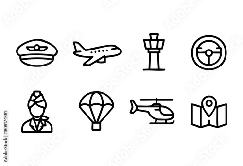 A collection of icons related to aviation and transport including a pilot's cap, airplane, control tower, and helicopter showcasing different aspects of air travel.