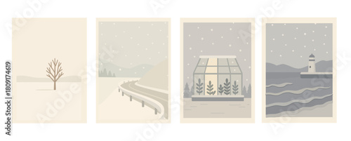 静かな冬景色のカードセット、：Quiet Winter Scenery Card Set