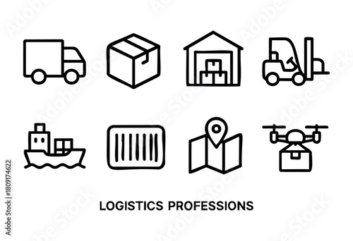Various icons depict logistics professions, highlighting transportation via truck and ship, warehousing activities, and modern delivery methods like drones and forklifts.