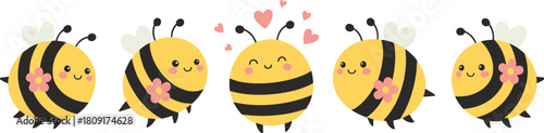 Super Cute Round Cartoon Bee Characters Set with Pink Flowers and Floating Hearts for Spring and Love Vector.