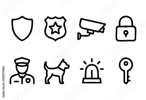 Various icons illustrate security themes including a shield, police badge, surveillance camera, padlock, police officer, dog, alarm light, and key, emphasizing safety and protection.