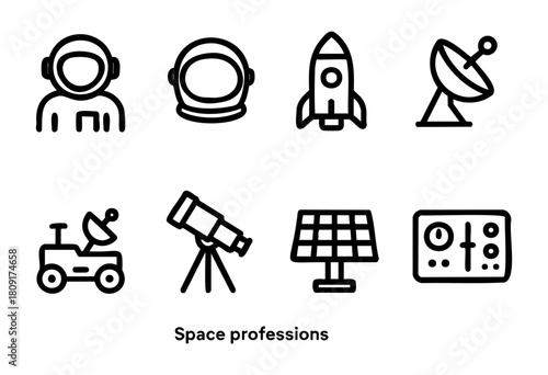 Different icons depict space professions, showcasing an astronaut, rocket, satellite dish, rover, telescope, solar panel, and control panel, highlighting careers in space exploration.