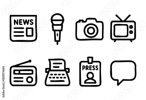 A series of hand-drawn icons show different media tools including a newspaper, microphone, camera, television, radio, typewriter, press pass, and speech bubble, highlighting journalism.