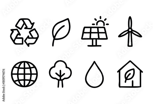 Various environmental symbols showcase concepts of sustainability, including recycling, solar and wind energy, and natural elements like leaves and trees, promoting eco-friendly practices.