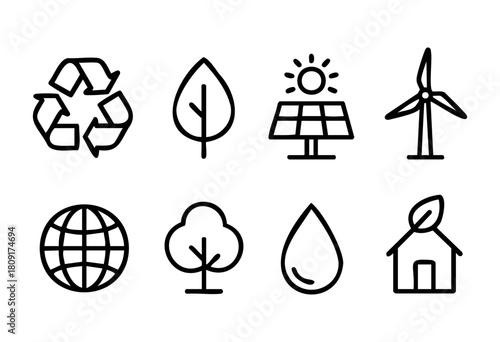 Simple line art features various icons highlighting sustainability themes, including recycling, solar energy, wind power, and nature, emphasizing environmental awareness.