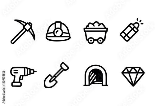 Various essential tools and equipment for mining are shown, including a pickaxe, helmet, cart, drill, shovel, and a diamond, illustrating mining operations.