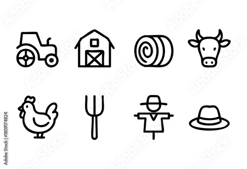 Various simple drawings represent farm life, including a tractor, barn, hay bale, cow, chicken, pitchfork, scarecrow, and hat, all reflecting agricultural activities and rural scenery.