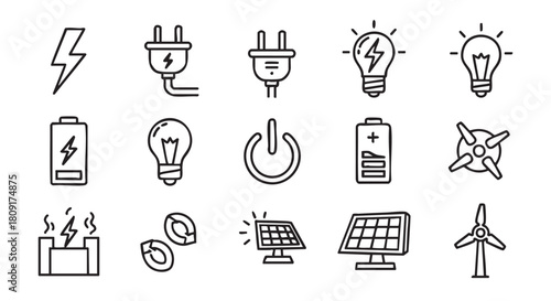 Energy and power icons line art set on white background