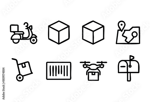 Various icons depict key elements of delivery services, including a scooter, packages, a map location, and a drone, illustrating contemporary logistics solutions.