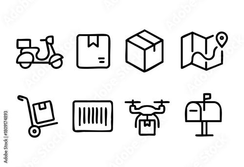 Illustrations depict various delivery methods, including scooters, drones, and packages, highlighting the logistics and transportation aspects of modern shipping services.