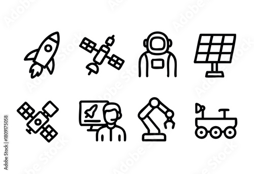 Various symbols of space exploration display a rocket, satellites, an astronaut, solar panels, and a robotic arm, highlighting human innovation in technology and space study.