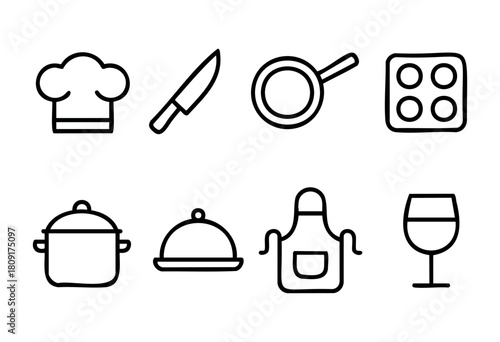 Various kitchen tools are displayed, including a chef's hat, knife, strainer, baking tray, pot, serving dish, apron, and wine glass, showcasing essentials for cooking.