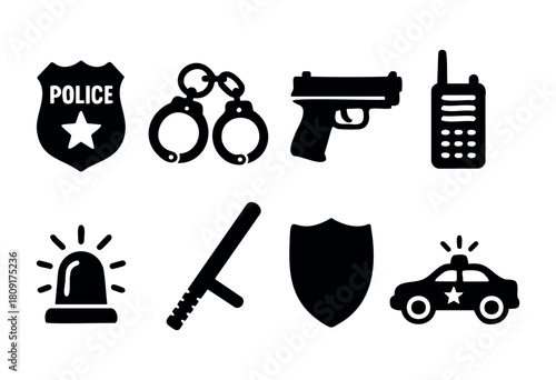 Various police symbols are displayed, showing equipment like handcuffs, a gun, a radio, and a patrol car, commonly associated with law enforcement activities and public safety.