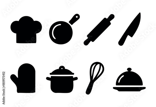 Silhouettes of essential kitchen tools are displayed, including a chef's hat, frying pan, rolling pin, knife, oven mitt, pot, whisk, and cloche, perfect for cooking enthusiasts.
