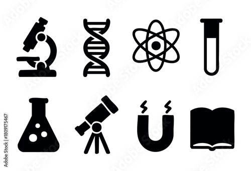 Collection of science-related icons featuring a microscope, DNA strand, atomic symbol, test tube, flask, telescope, magnet, and a book, presented in black silhouettes.