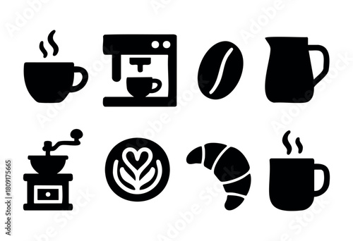 Silhouettes of coffee cups, brewing equipment, coffee beans, a milk pitcher, and croissants depict a lively coffee preparation scene that captures the essence of morning rituals.