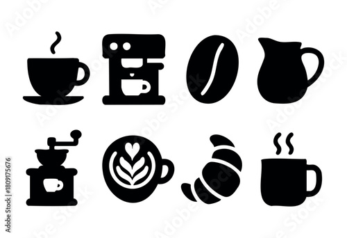 A cozy coffee scene showcases brewing equipment, coffee beans, and a freshly baked croissant, capturing the essence of morning rituals and cafe culture.