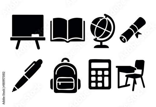 Symbols depicting essential items for education, including a blackboard, book, globe, diploma, pen, backpack, calculator, and desk illustrating a learning atmosphere.