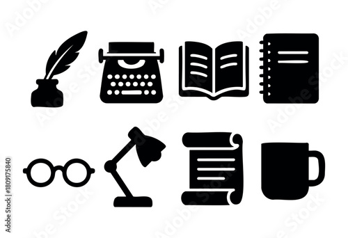 Various black icons showcase essential writing tools and reading accessories. A quill, typewriter, books, glasses, desk lamp, and more create a cozy workspace atmosphere.