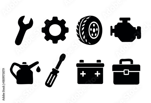 Various automotive tools and equipment are arranged in a simple black and white design, featuring a wrench, gear, tire, engine, oil can, screwdriver, battery, and toolbox against a neutral background.