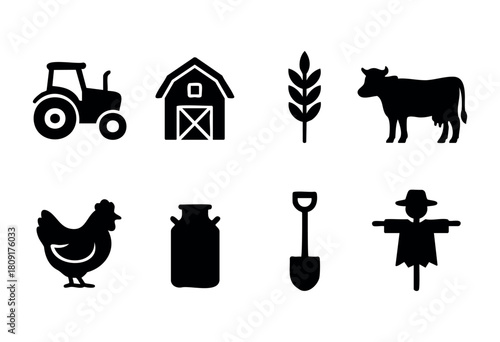 Farm life is depicted through black icons representing a tractor, barn, cow, wheat stalk, chicken, milk jug, shovel, and scarecrow against a white background.