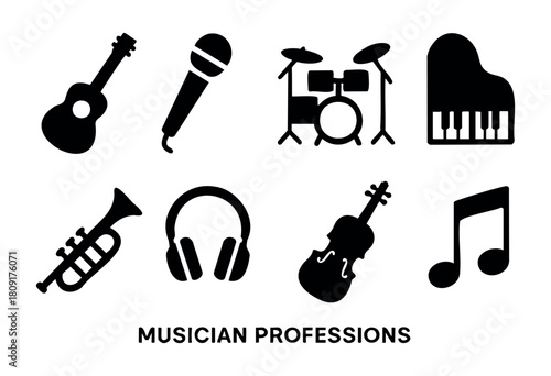 Various icons represent musician professions, including a guitar, microphone, drums, piano, trumpet, headphones, violin, and musical notes, highlighting the diversity in music careers.