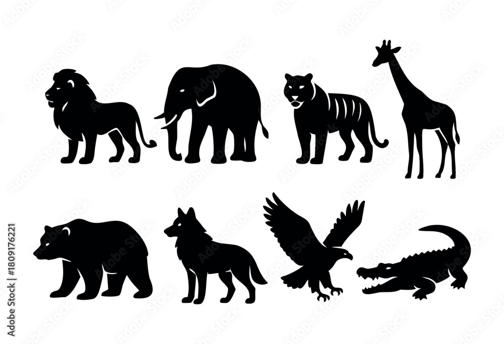 Obraz premium Silhouettes showcase a lion, elephant, tiger, giraffe, bear, wolf, eagle, and crocodile, illustrating the rich variety of wildlife and their distinct shapes in natural settings.