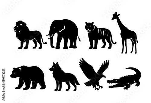 Silhouettes showcase a lion, elephant, tiger, giraffe, bear, wolf, eagle, and crocodile, illustrating the rich variety of wildlife and their distinct shapes in natural settings.