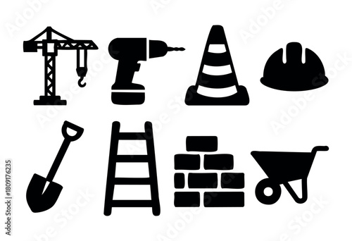 Various construction tools and equipment are displayed, including a crane, drill, traffic cone, hard hat, shovel, ladder, bricks, and wheelbarrow, representing building and renovation work.