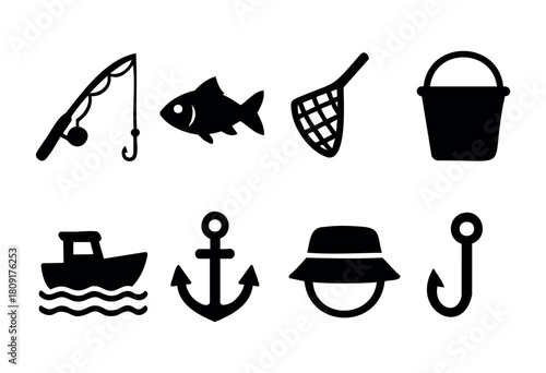 Collection of black icons showing fishing gear and activities. Elements include a fishing rod, fish, net, bucket, boat, anchor, hat, and hook, illustrating a fishing theme.