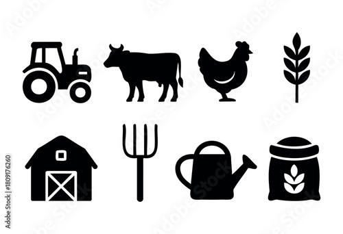 Black silhouettes depict farming tools, animals, and plants, showcasing a tractor, cow, chicken, barn, fork, watering can, and sack of grain in a simple layout.