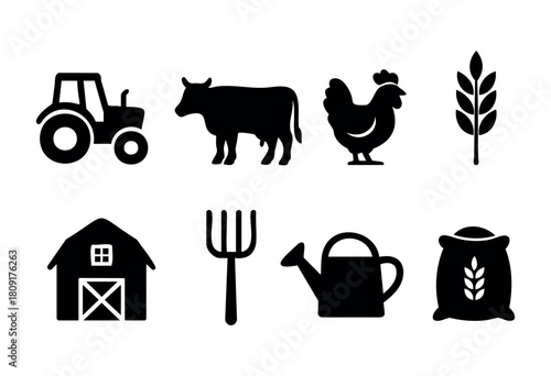 Silhouettes of essential farm elements are displayed, featuring a tractor, cow, chicken, barn, and farming tools. These visuals represent agricultural life and farming activities.