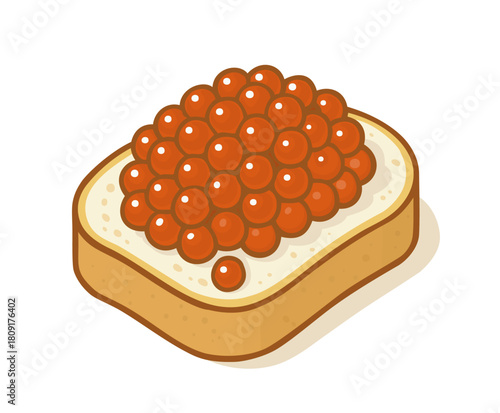 Red caviar on slice of white bread. Vector isolated illustration