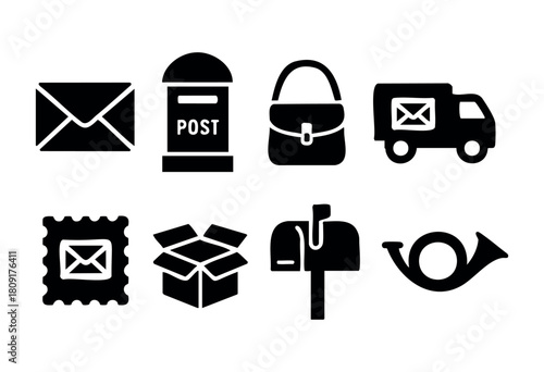 Various black symbols depicting mail-related objects, including an envelope, mailbox, delivery truck, postal box, and horn, showcasing the theme of communication and delivery.