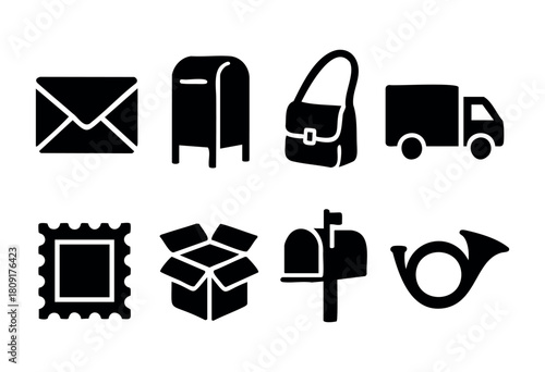 Various black and white icons represent mail and postal services, including envelopes, mailboxes, parcels, and a delivery truck, showcasing the essentials of communication.