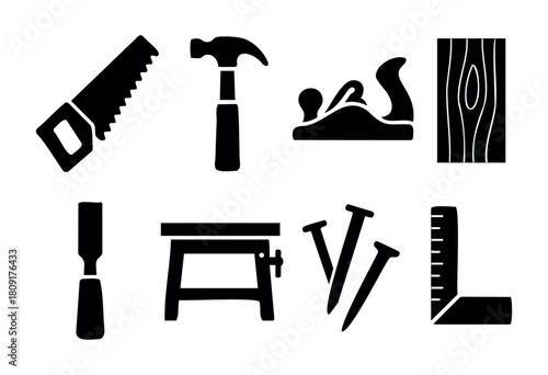 A display of basic woodworking tools including a saw, hammer, plane, wood, chisel, workbench, nails, and square. These tools are vital for carpentry and DIY repairs.