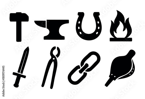 Various blacksmithing tools and symbols are arranged artistically, showcasing a hammer, anvil, horseshoe, fire, sword, pliers, chain, and bellows. Ideal for art and craft projects.