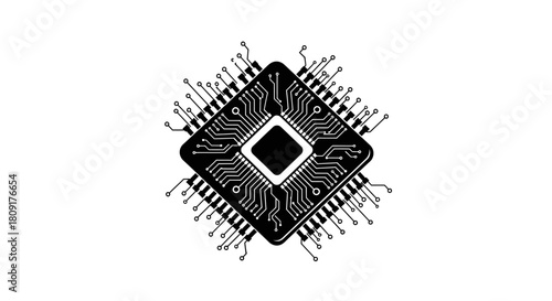 Black and white illustration of a computer chip with intricate circuit patterns.