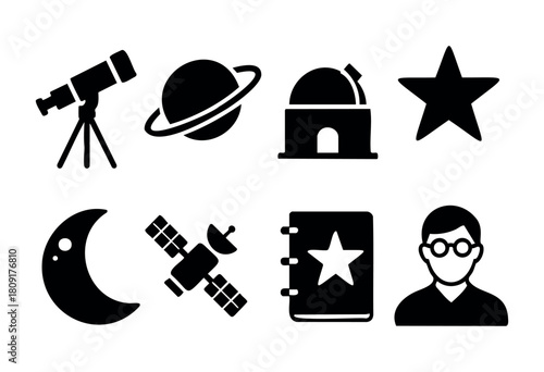 Tools for observing the night sky include a telescope, planet illustrations, an observatory, and a notebook. These inspire stargazing and astronomy activities.
