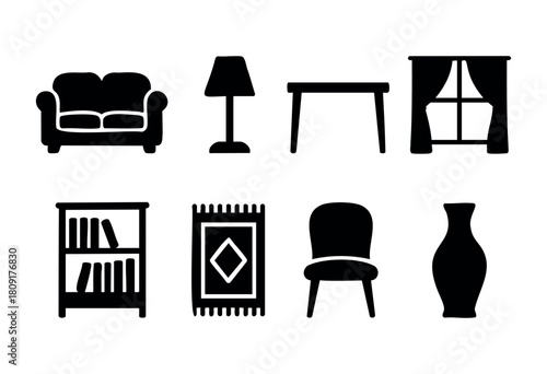 Silhouetted icons depict various furniture and decor items suitable for a contemporary living area, including a couch, lamp, table, curtains, and more, emphasizing simplicity and functionality.