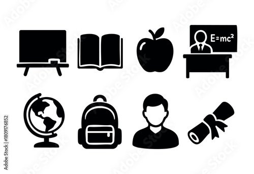 Various symbols of education are displayed, including a blackboard, books, an apple, a globe, and a backpack, portraying a classroom scene focused on learning and student life.