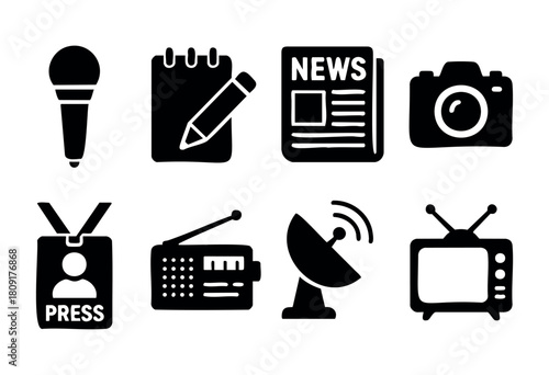 Various black icons depict elements of journalism, including a microphone, notepad, newspaper, camera, press badge, radio, satellite dish, and television, illustrating media tools.