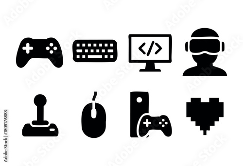 Different gaming symbols illustrate key elements in gaming, including controllers, keyboards, monitors, and virtual reality headsets, highlighting the gaming culture.