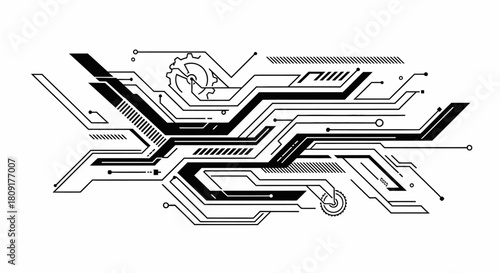Abstract futuristic circuit board design with intricate lines and geometric shapes.