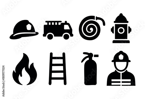 Six fire safety icons including a helmet, fire truck, hose, hydrant, ladder, fire extinguisher, and firefighter illustrate the equipment used to combat fires and ensure safety.